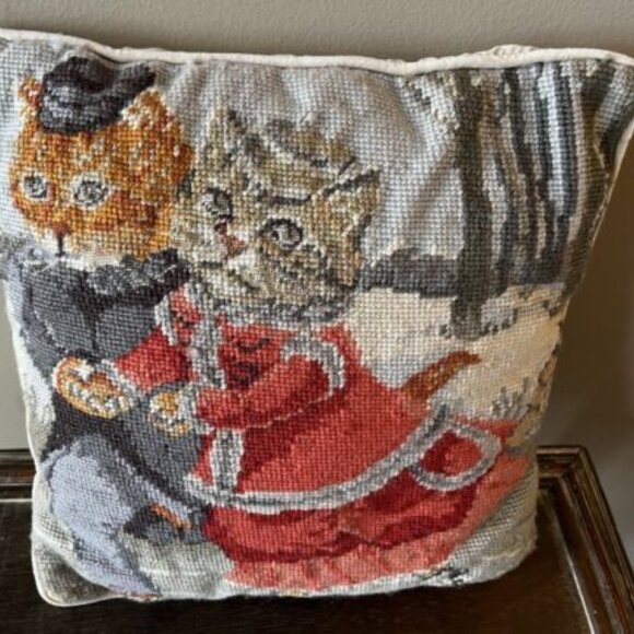 Vintage Needlepoint Cat Couple Ice Skating Victorian Dress Velvet Back 13" - Picture 6 of 10